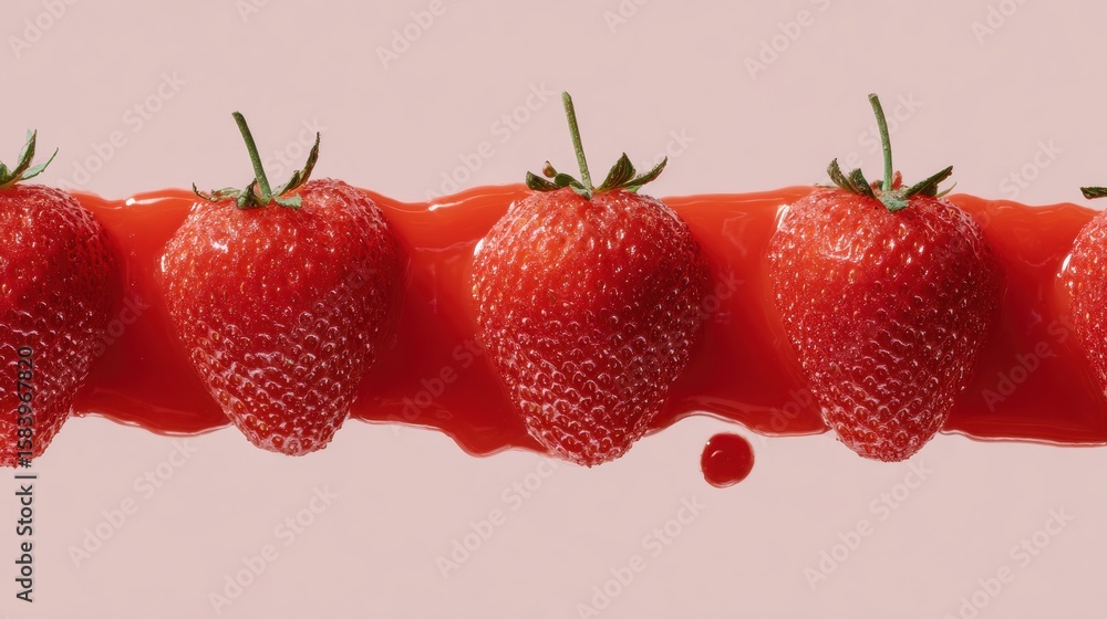 Poster strawberries seamlessly transforming into juice on a clean surface in a top-down layout