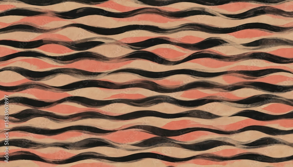 Poster gray square adorned with wavy black and white lines in various colors. black, white, pink, orange di