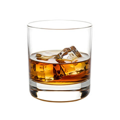 A classic short tumbler glass of amber-colored whiskey served on the rocks with crystal clear ice cubes on isolated transparent background.