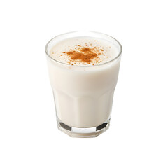 A refreshing glass of creamy, white horchata, a traditional rice milk drink, lightly dusted with cinnamon on isolated transparent background.