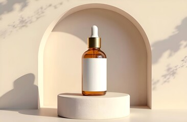Dropper serum bottle mock up with blank label, place for logo, design, text. minimal studio with soft light background with shadow and arch