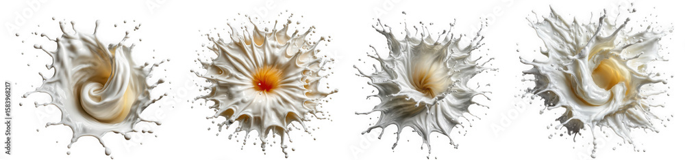 Poster a dynamic splash of white liquid with a swirl and a golden center isolated on transparent background