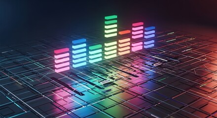 Abstract digital sound wave visualization with vibrant colors on a grid illuminated in a dark environment. Displaying data and information through an audio spectrum.