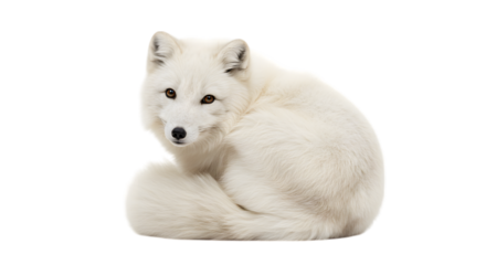 Beautiful Fluffy Arctic Fox with a Thick White Winter Coat Curled Up Cozily on isolated transparent background.