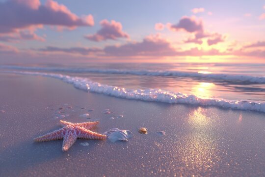 A serene beach scene at sunrise adorned with a starfish and seashell on sandy shore accompanied . generative ai