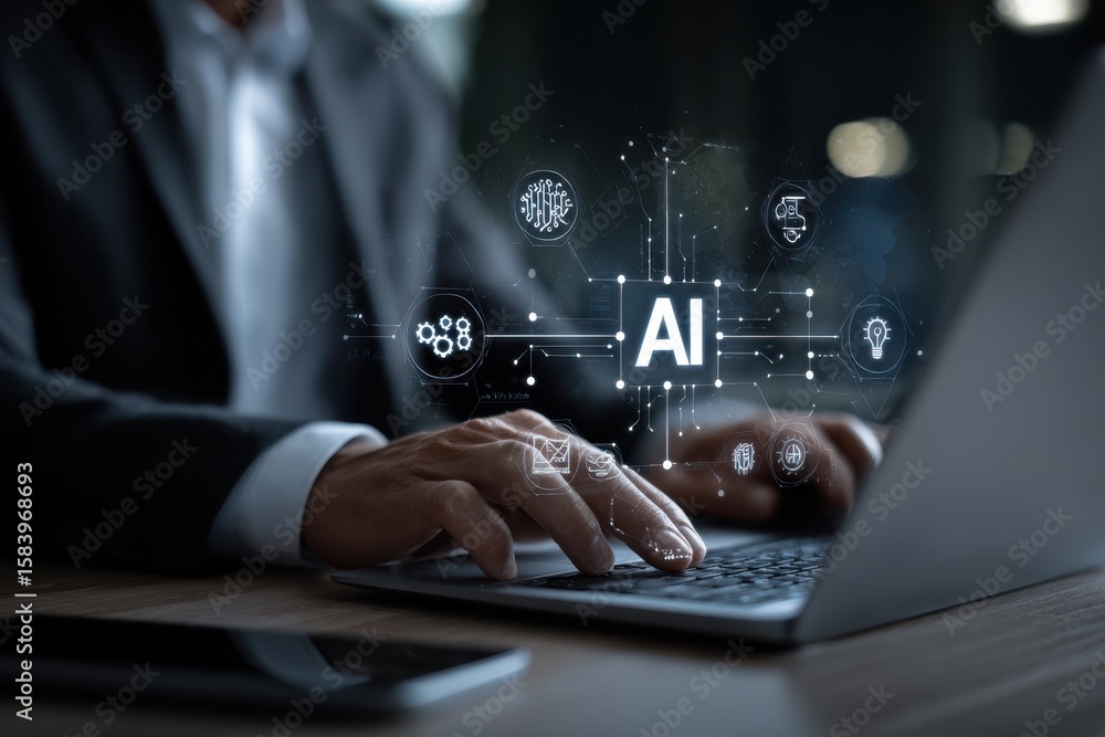 Poster ai, artificial intelligence, iot internet of things concept. business man using laptop computer on i