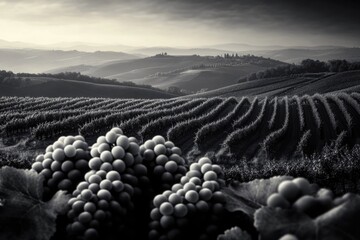 Monochrome scenic vineyard view with grape bunches in foreground and Tuscan hills rolling to the horizon in soft light.
