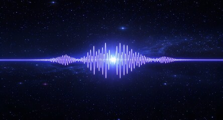 Abstract digital soundwave visualization with glowing blue light against a starry background evoking data transmission and cosmic energy