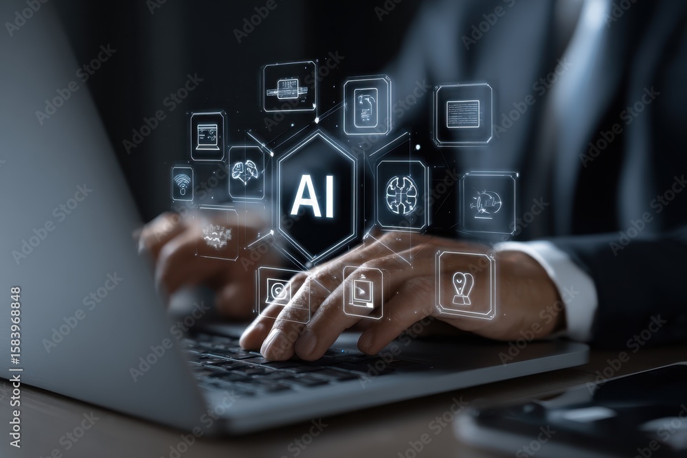 Poster ai, artificial intelligence, iot internet of things concept. business man using laptop computer on i