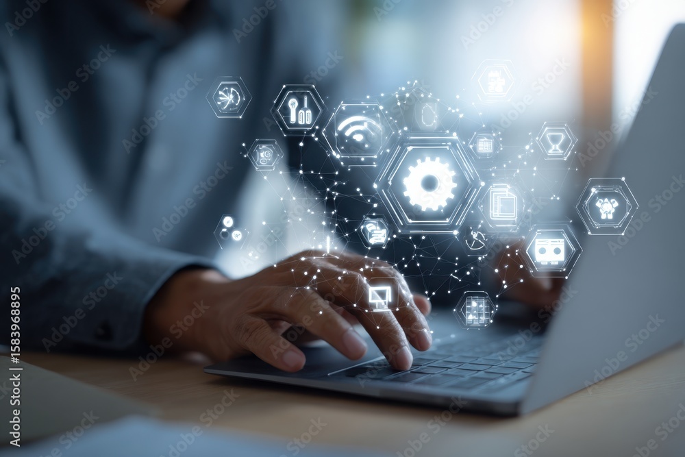 Poster ai, artificial intelligence, iot internet of things concept. business man using laptop computer on i