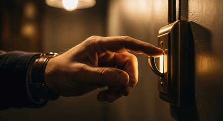 A hand reaches out to switch on a warm-toned light, illuminating a dark room.