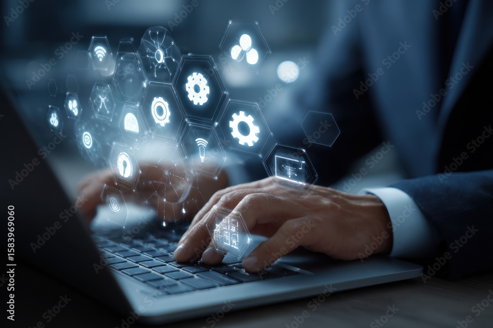 Poster ai, artificial intelligence, iot internet of things concept. business man using laptop computer on i