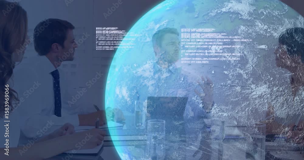 Poster digital globe appearing above table streaming code and team noting swiping tablet for business data