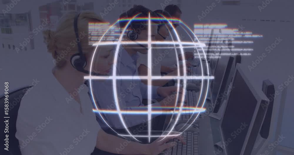 Poster customer support agents typing queries on monitors and starting rotating globe tracing data streams