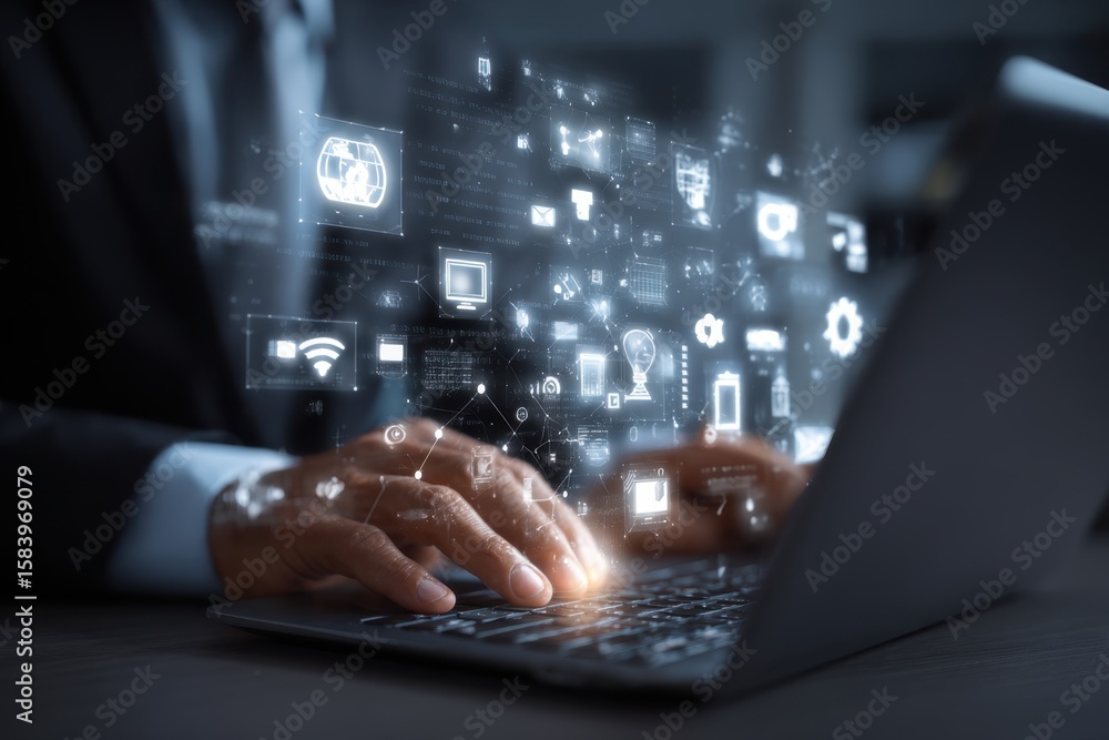 Aufkleber ai, artificial intelligence, iot internet of things concept. business man using laptop computer on i