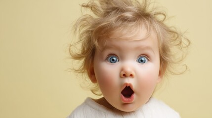 The surprised baby with expressive eyes on a pastel background.