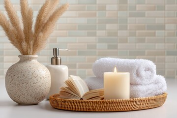 Relaxing spa scene with open book and blank pages