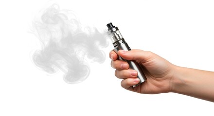 Hand holding a vape with smoke coming out on a plain white background view