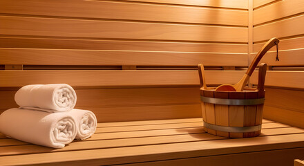 A sauna interior with wooden walls towels and a bucket with a ladle creating a relaxing atmosphere