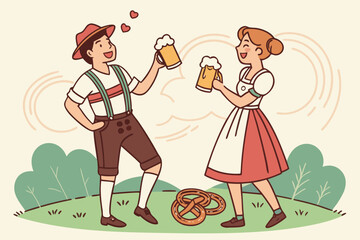 Young couple in traditional clothing, enjoying beer and pretzels, surrounded by greenery, celebrating culture and togetherness in a joyful outdoor setting at summer festivals in Germany