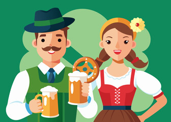 Young couple in traditional attire, enjoying beer and pretzel, showcasing festive spirit and cultural heritage, with vibrant colors and cheerful expressions in lively atmosphere at summer festivals