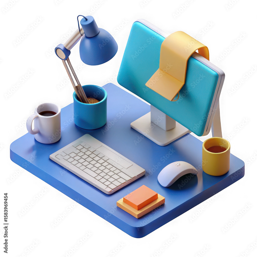 Fototapete isometric 3d render of a blue desk setup with computer lamp keyboard mouse and coffee isolated on tr