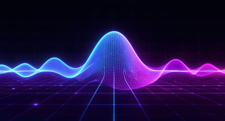 Abstract digital visualization featuring glowing neon wave patterns in shades of blue and magenta above a grid against a black background.