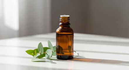 Amber bottle with essential oil and eucalyptus leaves on a white surface, bathed in natural light.