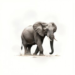 Fototapeta premium Majestic elephant stands alone in green field. Gray body, white legs, long trunk reach towards sky. Elephant faces left, ready to move. Grass field stretches out to horizon. Simple black, white