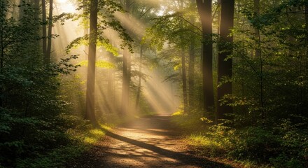 Sunlight streams through a misty forest path, illuminating the trees and creating long shadows.