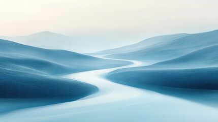 An abstract watercolor illustration of a blue river winding through serene valley mountain landscape, nature scene modern wall art , peaceful calm water illustration decor