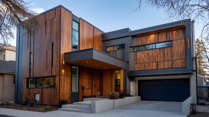 Fototapeta premium Contemporary architectural masterpiece with warm wood accents and sleek dark facades, showcasing modern design