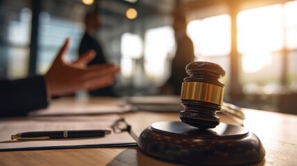 The gavel symbolizes authority in a modern legal setting with professionals engaged.