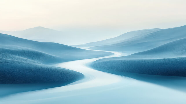 An abstract watercolor illustration of a blue river winding through serene valley mountain landscape, nature scene modern wall art , peaceful calm water illustration decor