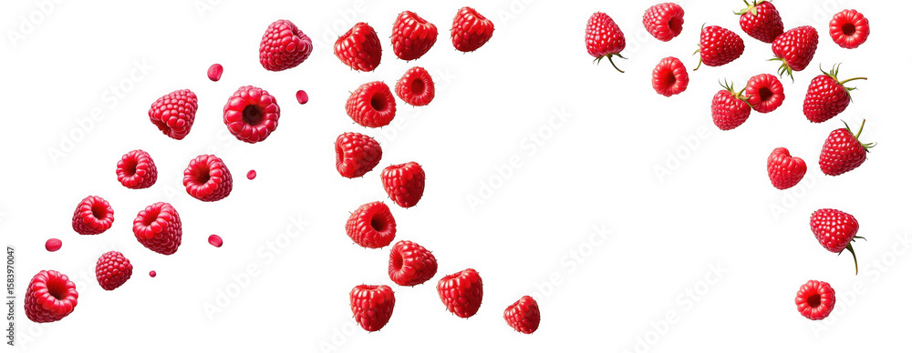 Poster a collection of fresh raspberries arranged in a dynamic pattern isolated on transparent background