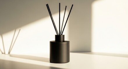A black aromatherapy diffuser with reeds sits on a white surface, casting shadows.