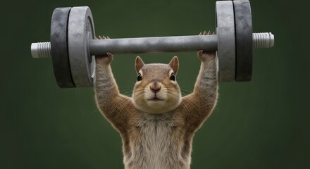 A determined squirrel powerfully lifts a heavy barbell, showcasing surprising strength and determination against a muted green background.