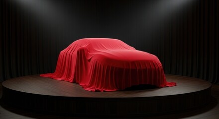 A sleek car model is revealed under a luxurious red velvet cloth.