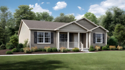 Obraz premium Charming suburban home with an inviting front porch, vibrant landscaping, and lush green lawn