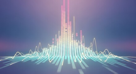 Abstract digital visualization with glowing lines and bars representing data. Features a spectrum of colors and dynamic shapes against a gradient background.
