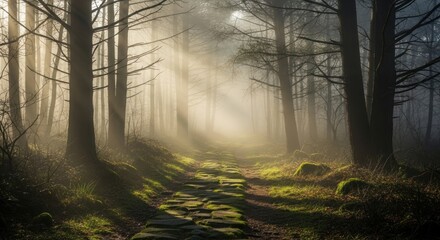 A forest path bathed in sunlight, with trees lining the way and mist creating an ethereal atmosphere.