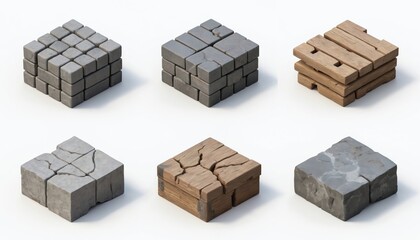 Six square isometric blocks with different textures and colors. Gray, blue, black, brown hues. Gray squares vary in shade. Depth is conveyed with darker shades at bottom.