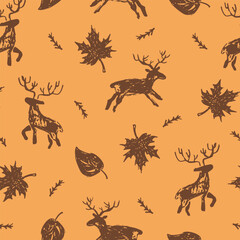 Forest autumn seamless pattern. Doodle deer, and leaves elements. Vector texture for fabric, textile, wallpaper, apparel, wrapping.