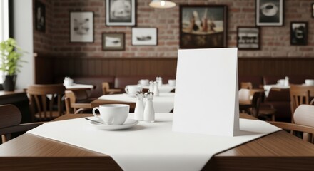A restaurant table setting with a blank menu, coffee, and decorative wall art.