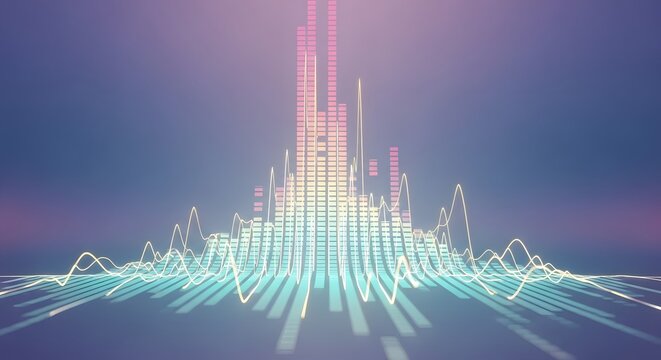 Abstract digital visualization with glowing lines and bars representing data. Features a spectrum of colors and dynamic shapes against a gradient background.