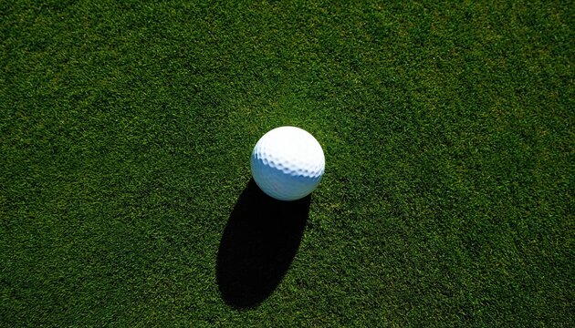White golf ball suspended in mid-air on rich green grass surface. Central position with subtle blue hue, slight tilt to left. Serene grass background, blurred details, focus on ball, environment.