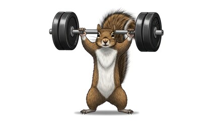A strong squirrel is lifting a heavy barbell, showcasing strength and determination.