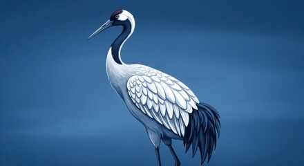 Illustration of a crane standing in a blue setting, showcasing its white and black plumage.