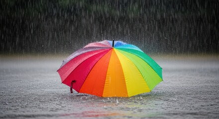 Colorful umbrella standing in a downpour, rain falling heavily around it.