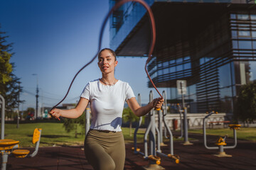 Adult woman jump over skipping rope outdoors in the open gym